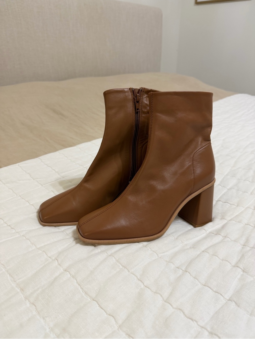 NWOT Free People Cognac Brown Square-Toe Block Heel Ankle Boots